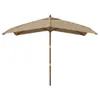 A taupe rectangular patio umbrella with a wooden pole is shown against a white background. Produktbild-Vorschau