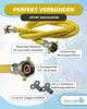 A yellow hose with brass fittings and informational text boxes. Produktbild-Vorschau