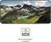 A product image featuring a scenic mountain landscape on a screen, with a marketing icon below indicating a matte, anti-reflective finish. Produktbild-Vorschau