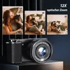 A digital camera is displayed with three inset images showing different zoom levels of a woman holding a cat. Podgląd zdjęcia produktu