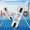 Two cylindrical fuses are displayed in front of a background of solar panels and a city skyline. Voir les images du produit