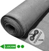 A rolled-up grey shade net with accessories shown in a circular overlay. Produktbild-Vorschau