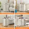 Collage of four images showing a white rolling storage cart with drawers in different settings: living room, playroom, salon, and craft room. Podgląd zdjęcia produktu