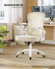 A cream-colored ergonomic office chair with a mesh back is shown in a home office setting. Produktbild-Vorschau