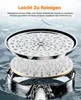 An exploded view of a shower head with water droplets and text overlay. Produktbild-Vorschau
