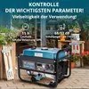 A generator is placed outdoors on a paved surface, with plants and decorative items in the background. Text overlays highlight product features. Podgląd zdjęcia produktu