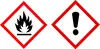 Two hazard symbols are displayed side-by-side on a white background. The symbol on the left depicts flames, indicating flammability. The symbol on the right is an exclamation mark, signifying a general hazard or warning. Produktbild-Vorschau