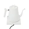 A white electric kettle with a gooseneck spout and a unique lid design sits on a white base with a black power cord. Náhled obrázku produktu