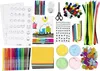 A flat lay collage of various craft supplies for children and adults, including markers, pipe cleaners, pom-poms, googly eyes, paper, and modeling clay. Produktbild-Vorschau