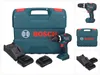 A collage of images showing a Bosch cordless impact drill, its case, batteries, and charger. Voir les images du produit