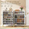 Two white shoe cabinets are shown side-by-side, filled with various shoes and boots. Decorative items like a handbag and flowers are placed on top of the cabinets. Náhľad obrázku produktu