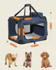 A dog carrier with dimensions shown, and three different dog breeds below. Produktbild-Vorschau