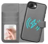 A gray wallet-style phone case is open, showing card slots and a photo window on the left, and a phone with a glowing blue lightning bolt symbol on the right. Anteprima dell’immagine prodotto