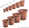 A collection of terracotta-colored plant pots of various sizes, with dimensions labeled. Produktbild-Vorschau