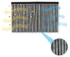 An illustration showing how an activated carbon filter works, with arrows indicating airflow and particles being trapped. Produktbild-Vorschau