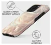 A close-up, angled view of an iPhone case with a marble-like pattern, highlighting its features with text and icons. Náhled obrázku produktu