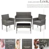 A rattan garden furniture set with a sofa, two chairs, and a coffee table, presented with descriptive text and close-up feature images. Produktbild-Vorschau