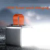 A silver power bank with an orange handle is shown emitting a bright light. Produktbild-Vorschau