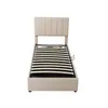 A beige upholstered bed frame with a slatted mattress base, shown from the front. Produktbild-Vorschau