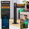 Collage showing a tower fan with app control, voice assistant compatibility, and people using smart home devices. Produktbild-Vorschau