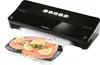 A black vacuum sealer is shown sealing a plastic bag containing two salmon steaks with lemon slices and herbs. Produktbild-Vorschau