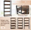 A collage of images showing a tall, five-shelf bookcase with a rustic brown wood finish and black metal frame. The images demonstrate different installation possibilities and features of the bookcase. Podgląd zdjęcia produktu