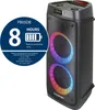 A Blaupunkt PB05DB speaker with colorful LED lights is shown, with a circular graphic detailing its battery life. Podgląd zdjęcia produktu