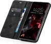 A black flip case for a Huawei P20 phone, shown open with cards and a banknote inside, and the phone screen displaying the time and date. Produktbild-Vorschau