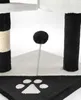 A close-up view of a cat tree with a black and white design, featuring a dangling toy. Produktbild-Vorschau