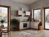 A modern kitchen with white cabinets and wood accents, featuring large windows overlooking a snowy landscape. Produktbild-Vorschau
