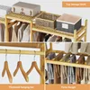 A collage of images showing a bamboo garment rack with clothes and storage baskets. Náhled obrázku produktu