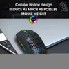 A gaming mouse with RGB lighting is shown on a desk next to a keyboard, with text overlay highlighting its features. Produktbild-Vorschau