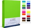 A bright green fitted sheet is shown standing upright, with a white label at the bottom. To the right, a grid of small colored squares displays various color options for the product. Produktbild-Vorschau
