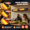 A couple is sitting at a table outdoors, with a patio heater mounted on the wall above them. The image highlights different power settings for the heater. Produktbild-Vorschau
