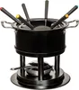 A black fondue set with six fondue forks with colored tips, displayed on a white background. Podgląd zdjęcia produktu