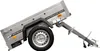 A silver utility trailer is shown against a white background, tilted upwards. Produktbild-Vorschau