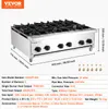 A commercial gas stove with dimensions and specifications displayed. Voir les images du produit