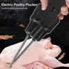 A hand holding an electric poultry plucker over a plucked chicken. Náhľad obrázku produktu