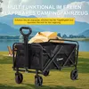 A black folding camping cart is shown in an outdoor setting with a tent and lake in the background. Produktbild-Vorschau