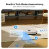 A robot vacuum cleaner is shown on a rug, with visual overlays indicating its obstacle avoidance technology. Produktbild-Vorschau