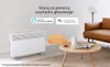A white electric heater is shown in a living room setting next to a couch and coffee table, with voice assistant logos and example commands displayed. Produktbild-Vorschau
