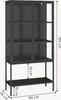 A black metal and glass display cabinet with two doors and shelves, shown with dimensions indicated. Náhľad obrázku produktu