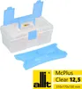 A clear plastic storage box with blue accents and a blue tray is shown against a white background. Text and logos are present in the lower right corner. Produktbild-Vorschau
