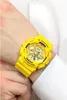 A person wearing a white shirt and a yellow G-Shock watch on their wrist. Produktbild-Vorschau