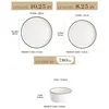 Diagrams showing the dimensions of plates and a bowl, with measurements in inches and centimeters, and capacity in milliliters. Produktbild-Vorschau