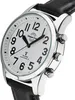 A close-up shot of a men's watch with a white face and black leather strap. Produktbild-Vorschau