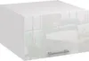A white kitchen cabinet with a gray handle is shown in front of a blurred office or meeting room background. Produktbild-Vorschau