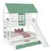 A white and green bunk bed with a slide and a pull-out trundle bed, set against a white background. Náhled obrázku produktu