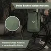 A green bicycle bag is attached to the rear rack of a bicycle, with rain falling around it. Produktbild-Vorschau