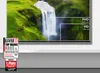 A television displaying a waterfall scene with resolution overlays, next to a product award badge. Produktbild-Vorschau